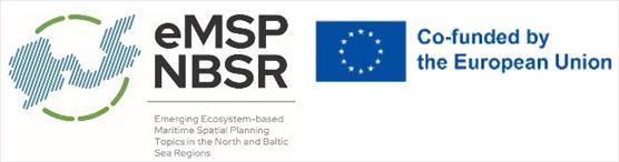 eMSP-hankkeen logo, jossa vihreän ympyrän päälläl on sinisellä värillä Itämeren ja Pohajanmeren hahmot. Logon rinnall EUn lippu ja maininta hankkeen saamasta EU-rahoituksesta.